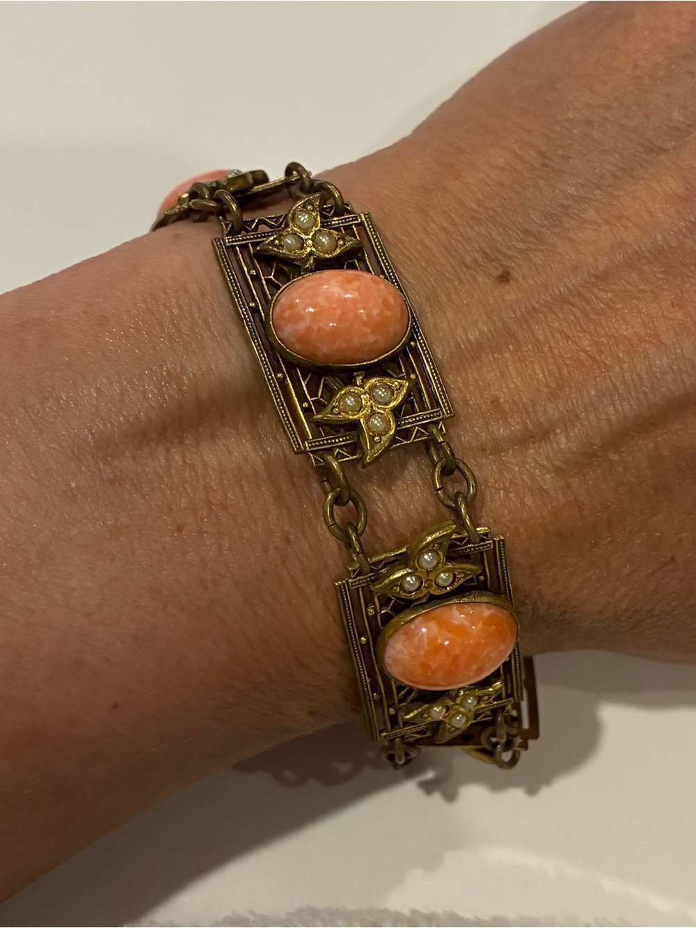 Vintage Coral Cabochon Seed Pearl Bracelet